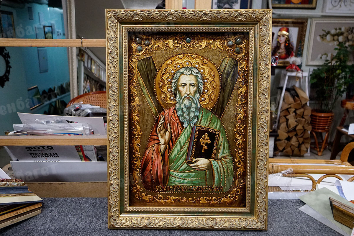 Икона "Святой апостол Андрей Первозданный" в золотой багетной рамке