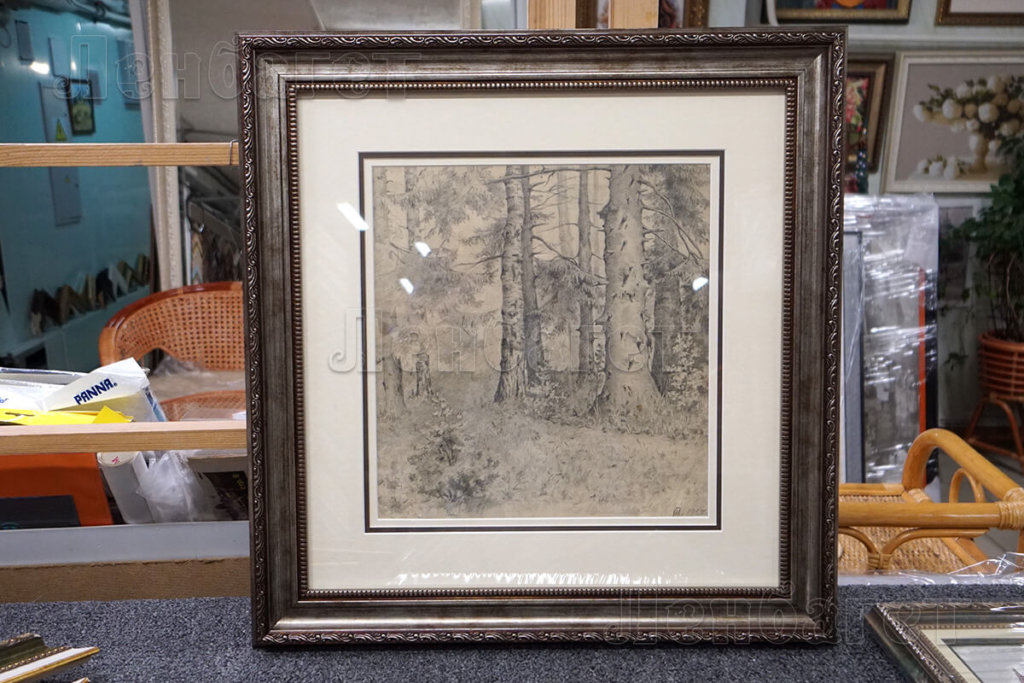 Рисунок "Лес" в серой багетной рамке с двойным паспарту