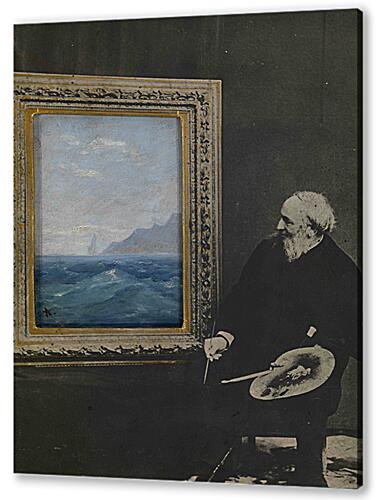 Картина Self-Portrait with a Seascape, signed with an initial. Photocollage with oil on card