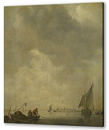 Картина Речной пейзаж с рыбаком, расставляющим сети (A River Scene, with Fishermen laying a Net)