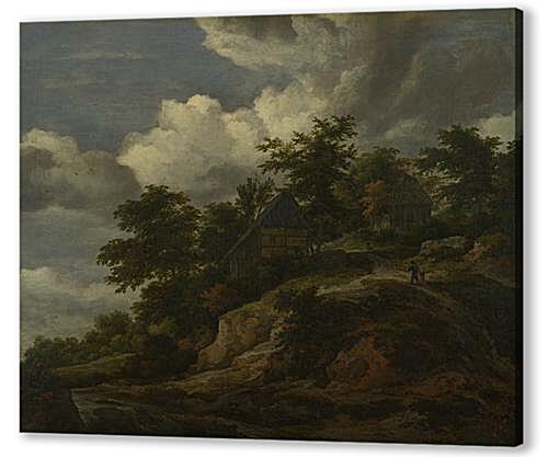 Картина Скалистый холм с тремя хижинами, ручей у его подножия (A Rocky Hill with Three Cottages, a Stream at its Foot)