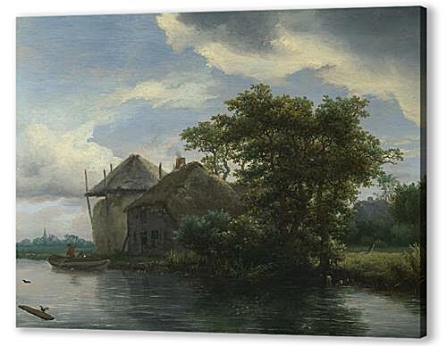 Картина Хижина и стог сена у реки (A Cottage and a Hayrick by a River)